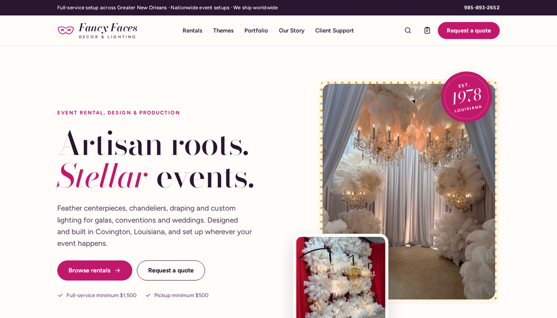 Homepage of a Louisiana decor company website: a feather and chandelier centerpiece