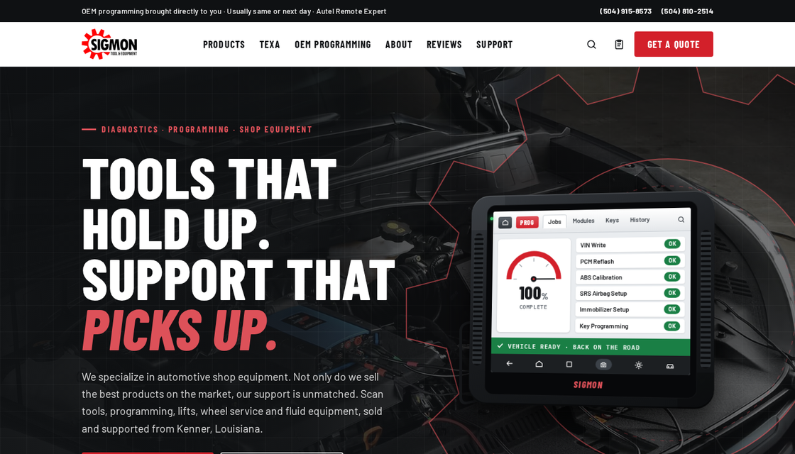 Homepage of an automotive equipment dealer website: an animated diagnostic tablet over an engine bay