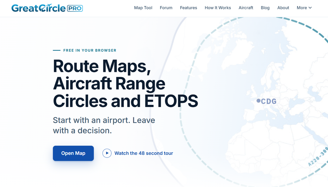 Great Circle Pro homepage: route maps, aircraft range circles and ETOPS, with a range circle drawn around Paris CDG